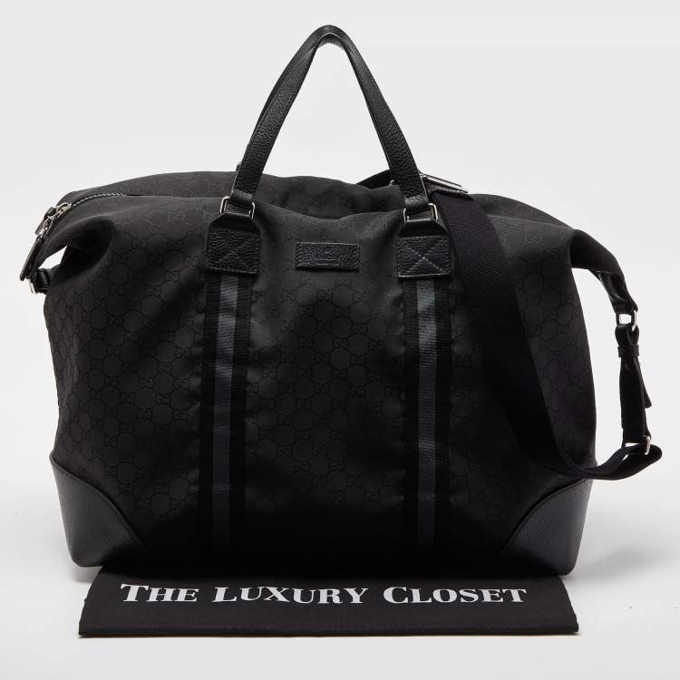 Pre Owned Gucci Black GG Nylon and Leather Web Weekender Bag