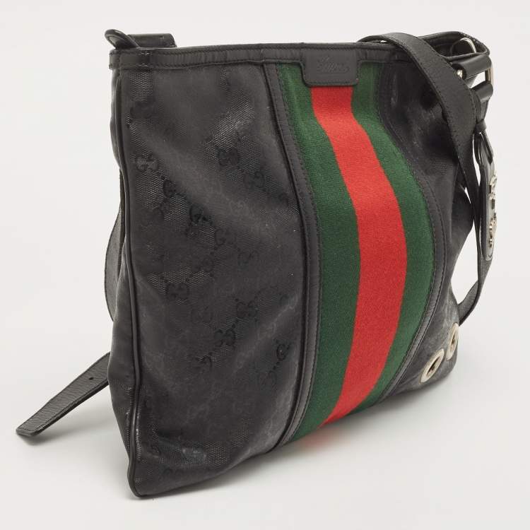 مملوكة مسبقًا Gucci Black GG Imprime Canvas Web Flat Messenger Bag