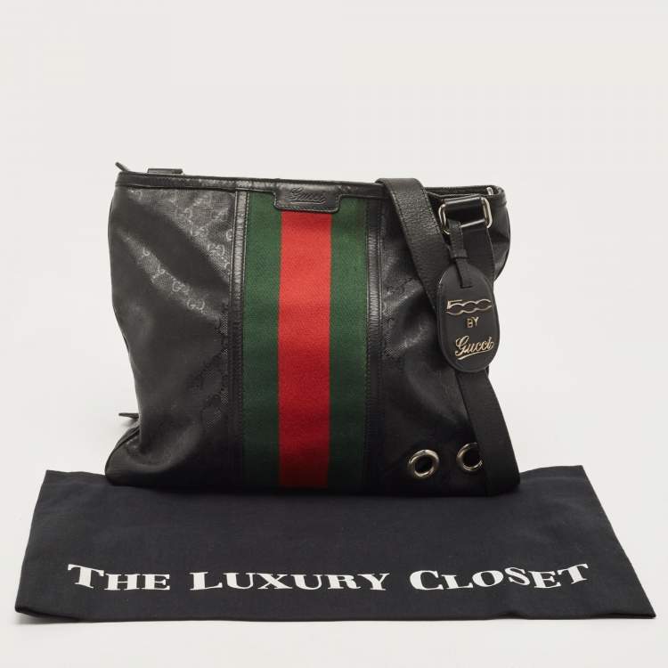 مملوكة مسبقًا Gucci Black GG Imprime Canvas Web Flat Messenger Bag