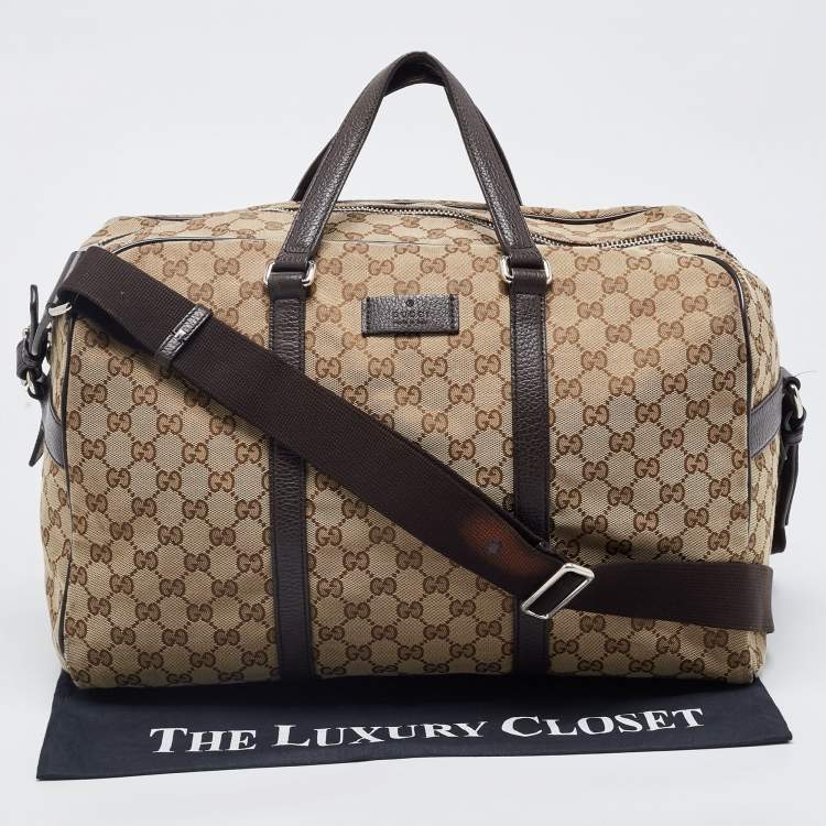 Pre Owned Gucci Brown/Beige GG Canvas and Leather Duffel Weekender Bag