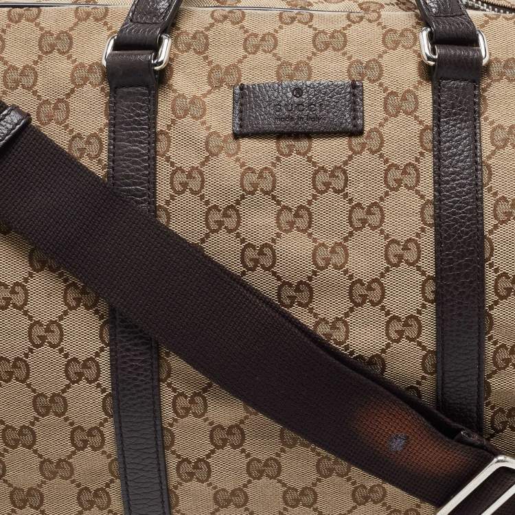 Pre Owned Gucci Brown/Beige GG Canvas and Leather Duffel Weekender Bag