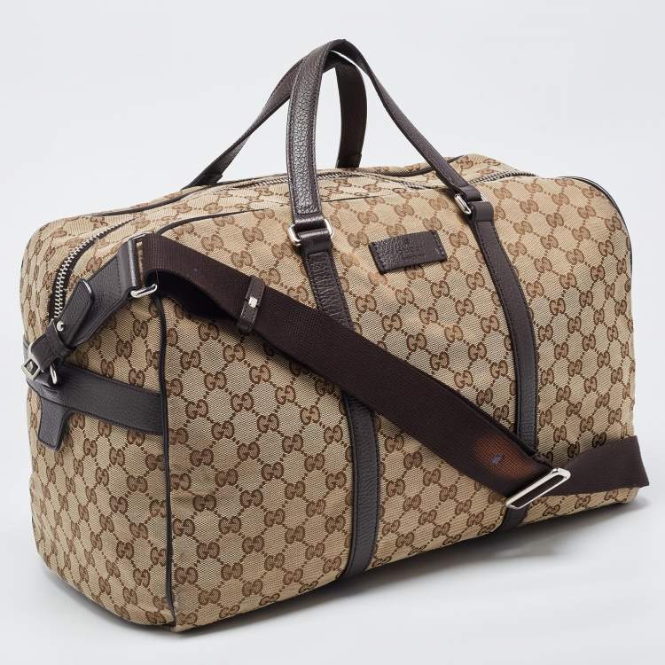Pre Owned Gucci Brown/Beige GG Canvas and Leather Duffel Weekender Bag