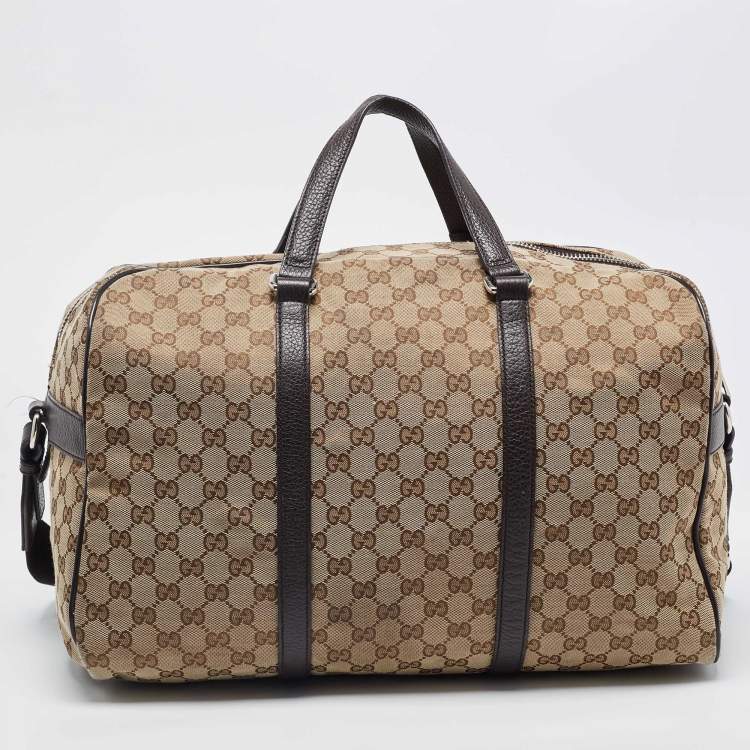 Pre Owned Gucci Brown/Beige GG Canvas and Leather Duffel Weekender Bag