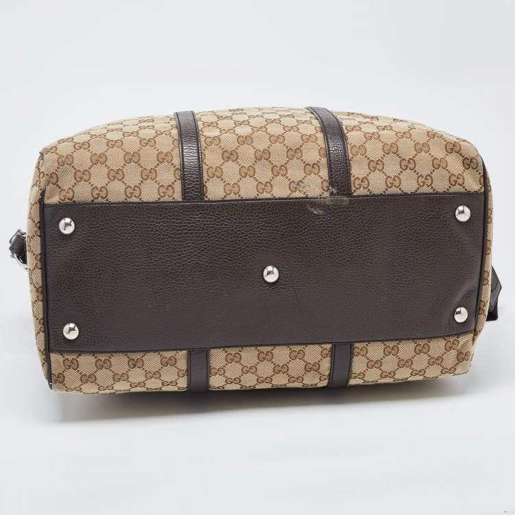 Pre Owned Gucci Brown/Beige GG Canvas and Leather Duffel Weekender Bag