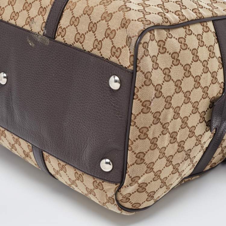 Pre Owned Gucci Brown/Beige GG Canvas and Leather Duffel Weekender Bag
