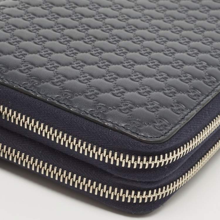 Pre Owned Gucci Navy Blue Guccissima Leather Double Zip Travel Document Pouch