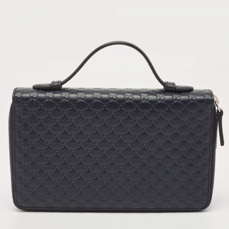 Pre Owned Gucci Navy Blue Guccissima Leather Double Zip Travel Document Pouch