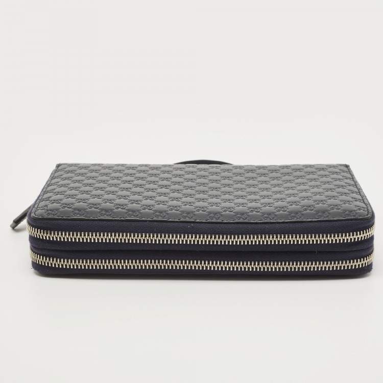 Pre Owned Gucci Navy Blue Guccissima Leather Double Zip Travel Document Pouch