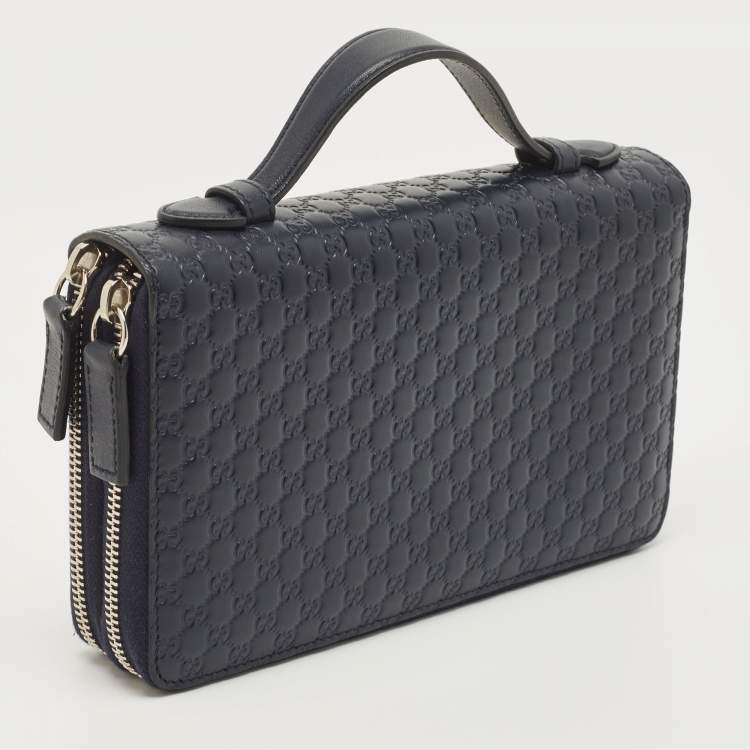 Pre Owned Gucci Navy Blue Guccissima Leather Double Zip Travel Document Pouch