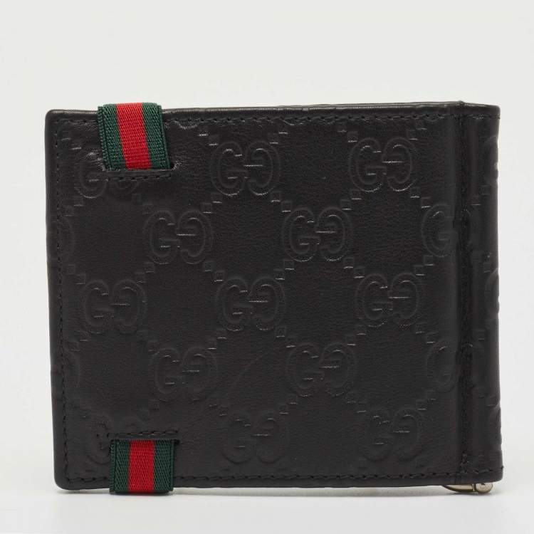 Pre Owned Gucci Black Guccissima Leather Web Money Clip Bi-Fold Wallet
