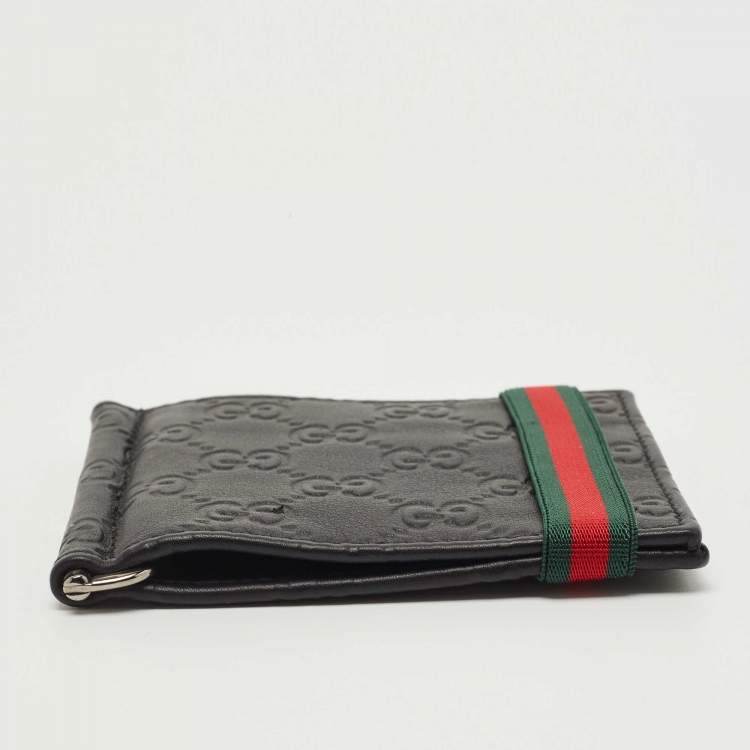 Pre Owned Gucci Black Guccissima Leather Web Money Clip Bi-Fold Wallet