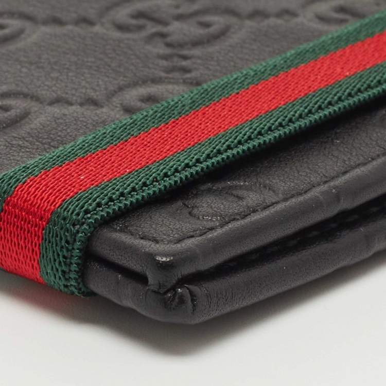 Pre Owned Gucci Black Guccissima Leather Web Money Clip Bi-Fold Wallet