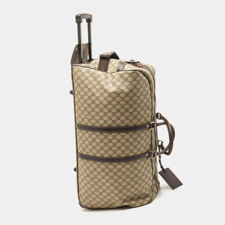 Pre Owned Gucci Dark Brown/Beige GG Supreme Canvas 2 Wheel Duffle Luggage Bag