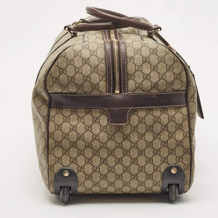 Pre Owned Gucci Dark Brown/Beige GG Supreme Canvas 2 Wheel Duffle Luggage Bag