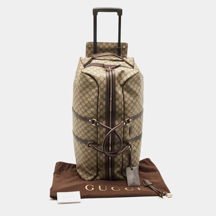 Pre Owned Gucci Dark Brown/Beige GG Supreme Canvas 2 Wheel Duffle Luggage Bag