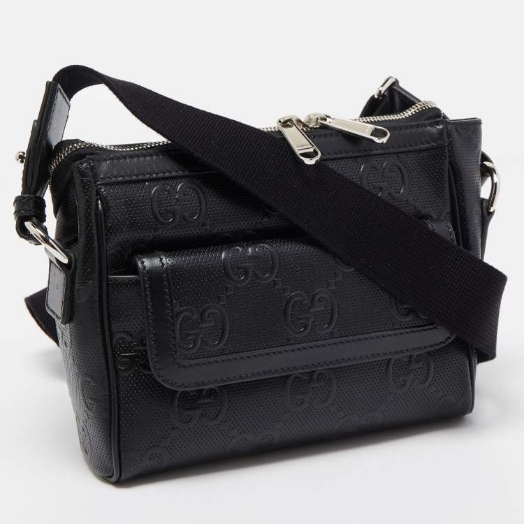 Pre Owned Gucci Black Guccissima Perforated Leather Crossbody Bag
