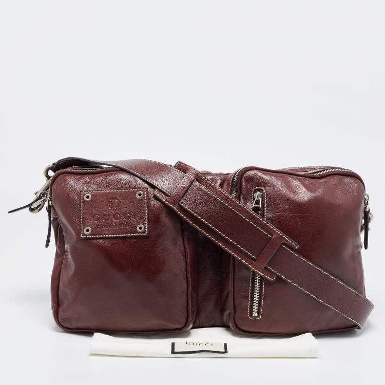 مملوكة مسبقًا Gucci Burgundy Leather Double Pocket Messenger Bag