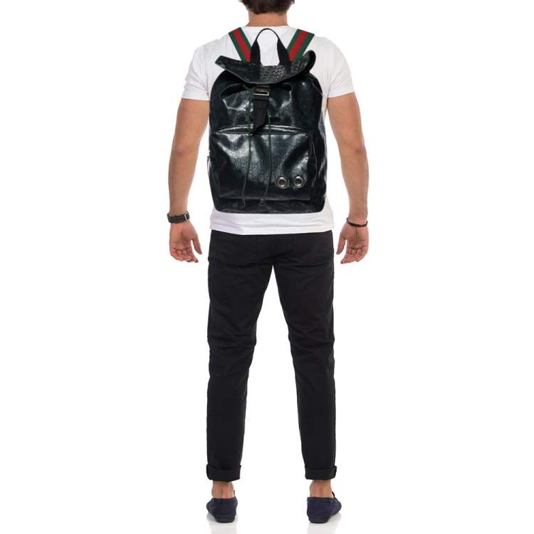 Pre Owned Gucci Black GG Imprime Canvas and Leather Backpack