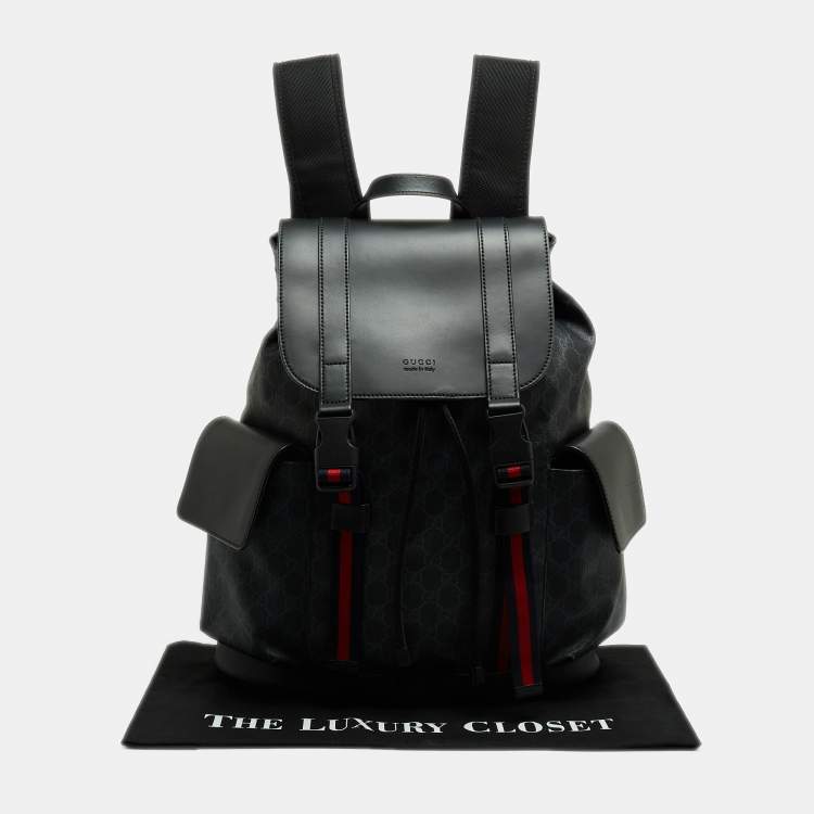 Pre Owned Gucci Black/Grey GG Supreme Canvas And Leather Drawstring Backpack