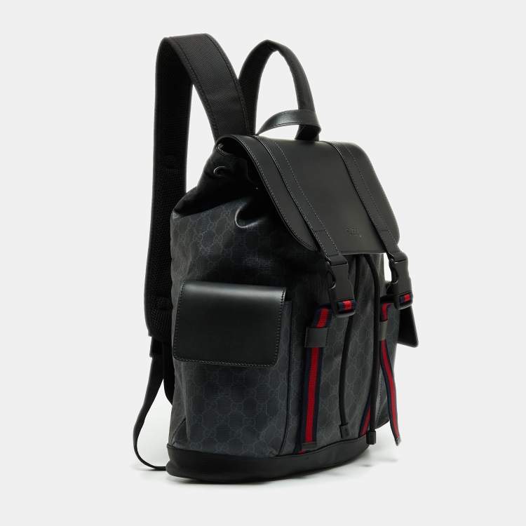 Pre Owned Gucci Black/Grey GG Supreme Canvas And Leather Drawstring Backpack