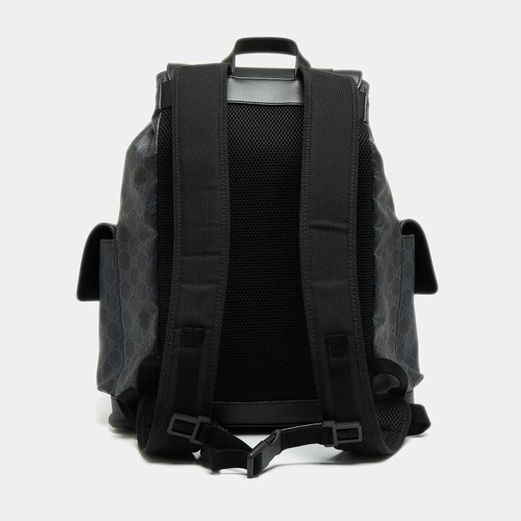 Pre Owned Gucci Black/Grey GG Supreme Canvas And Leather Drawstring Backpack