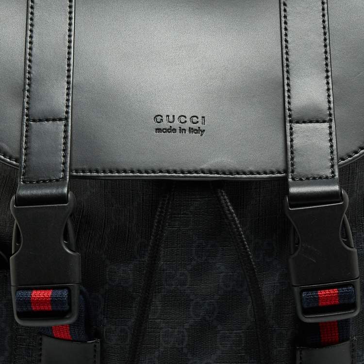 Pre Owned Gucci Black/Grey GG Supreme Canvas And Leather Drawstring Backpack
