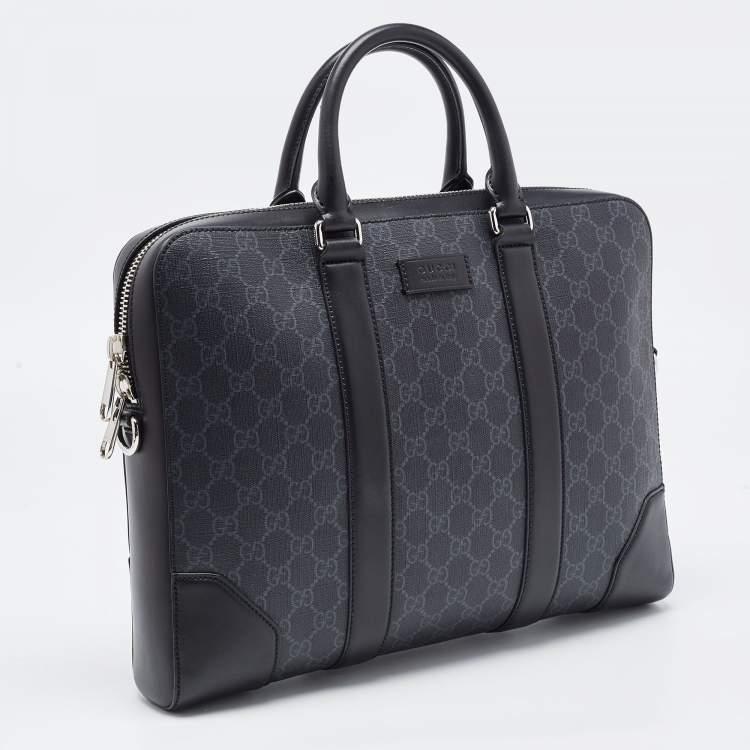 Pre Owned Gucci Black/Grey GG Supreme Canvas and Leather Briefcase Bag