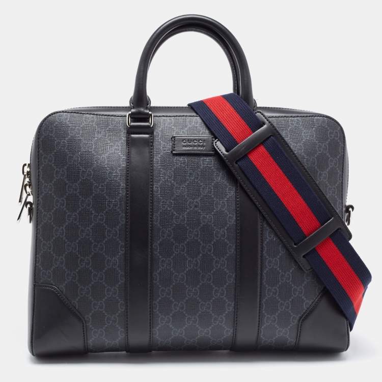 Pre Owned Gucci Black/Grey GG Supreme Canvas and Leather Briefcase Bag