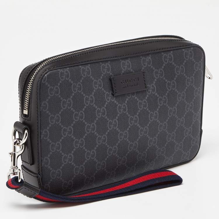 Pre Owned Gucci Black/Grey GG Supreme Canvas and Leather Wristlet Pouch