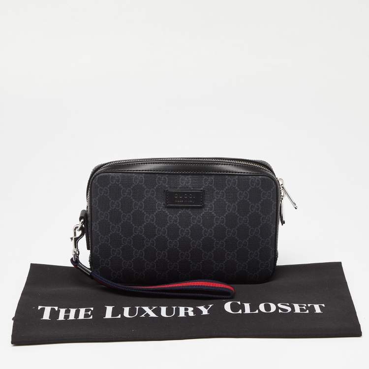 Pre Owned Gucci Black/Grey GG Supreme Canvas and Leather Wristlet Pouch