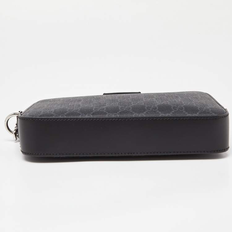 Pre Owned Gucci Black/Grey GG Supreme Canvas and Leather Wristlet Pouch