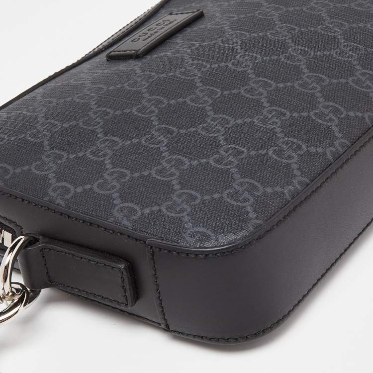 Pre Owned Gucci Black/Grey GG Supreme Canvas and Leather Wristlet Pouch