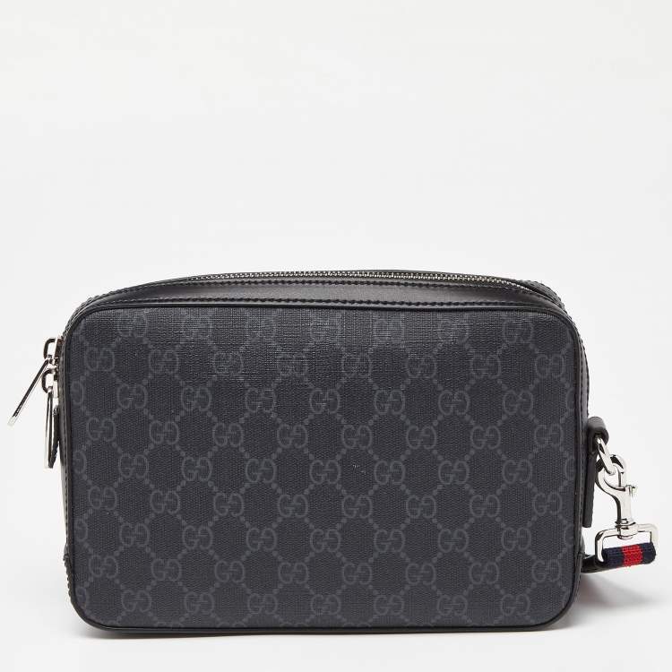 Pre Owned Gucci Black/Grey GG Supreme Canvas and Leather Wristlet Pouch