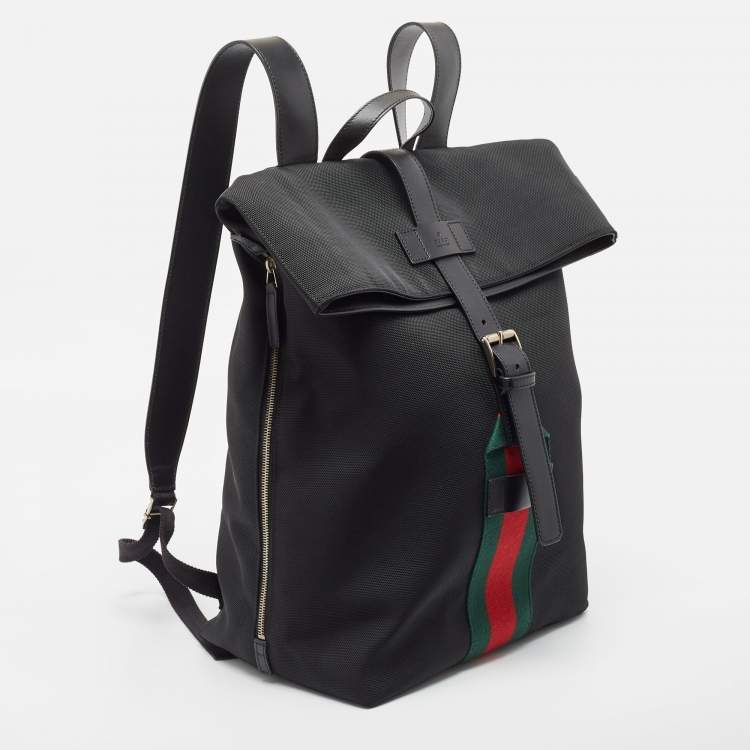 Pre Owned Gucci Black Techno Canvas Web Fold Over Backpack