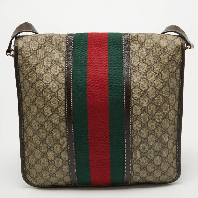 Pre Owned Gucci Brown/Beige GG Supreme Canvas and Leather Web Messenger Bag