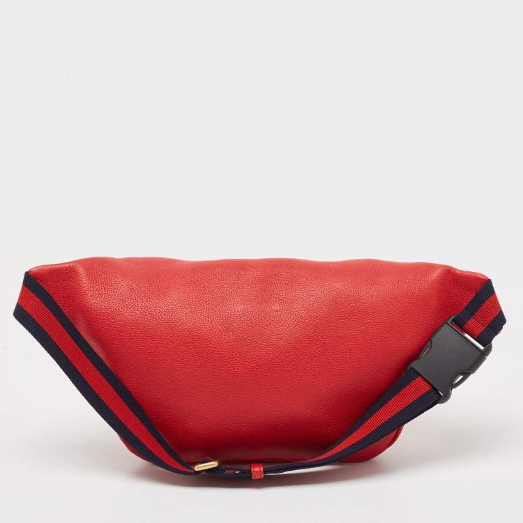 Pre Owned Gucci Red Leather Logo Web Belt Bag