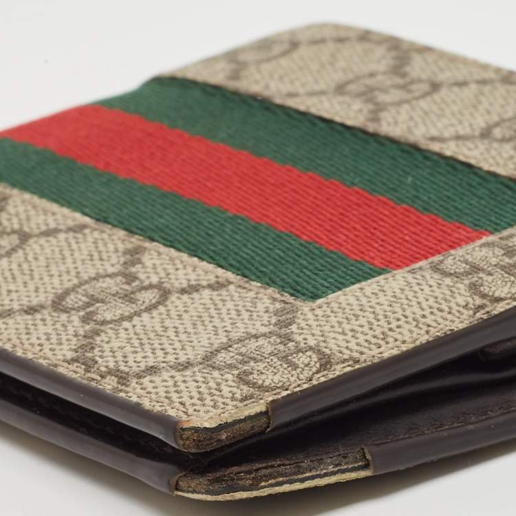 Pre Owned Gucci Beige GG Supreme Canvas Web Bifold Compact Wallet 