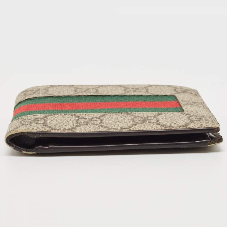 Pre Owned Gucci Beige GG Supreme Canvas Web Bifold Compact Wallet 