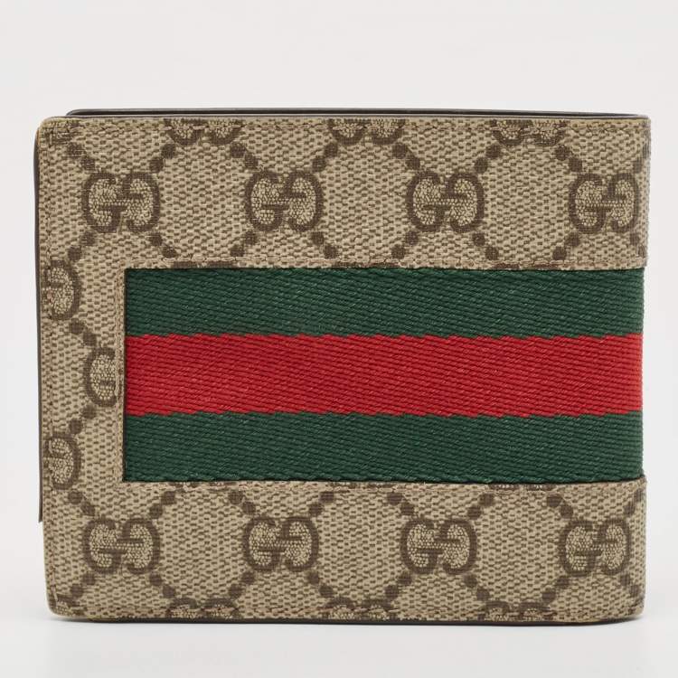 Pre Owned Gucci Beige GG Supreme Canvas Web Bifold Compact Wallet 