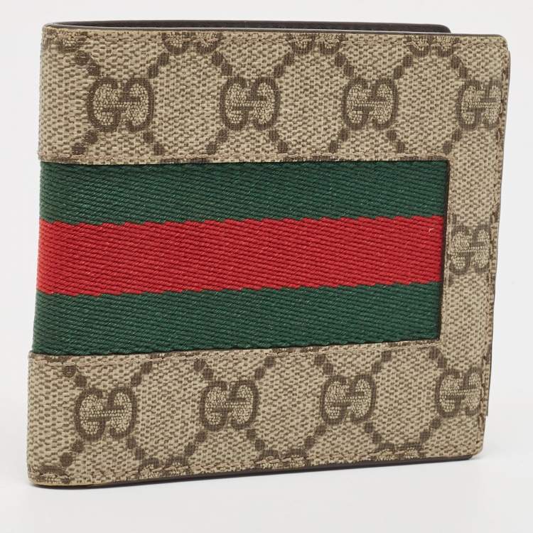 Pre Owned Gucci Beige GG Supreme Canvas Web Bifold Compact Wallet 