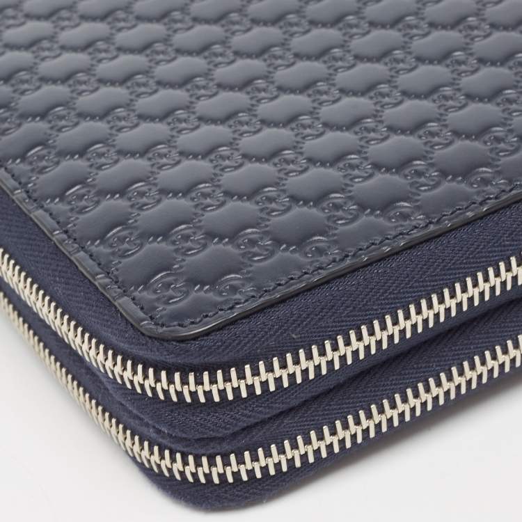 Pre Owned Gucci Navy Blue Microguccissima Leather Zip Around Travel Wallet