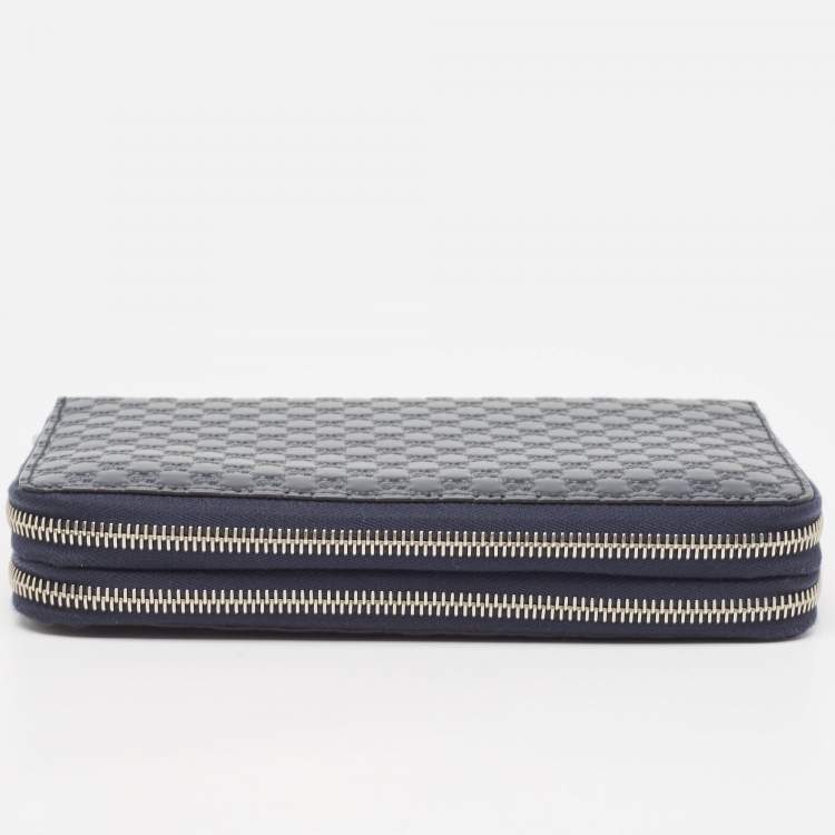 Pre Owned Gucci Navy Blue Microguccissima Leather Zip Around Travel Wallet
