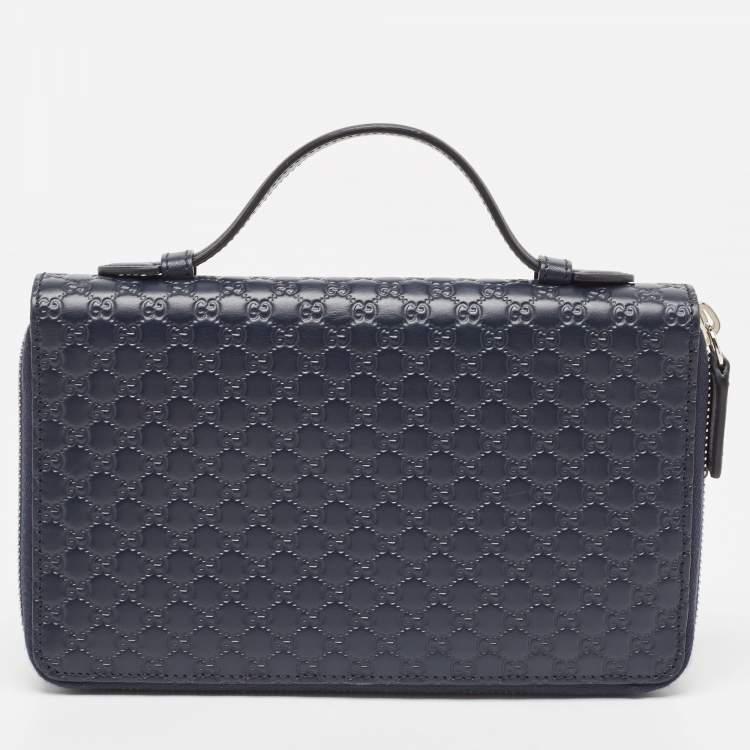 Pre Owned Gucci Navy Blue Microguccissima Leather Zip Around Travel Wallet