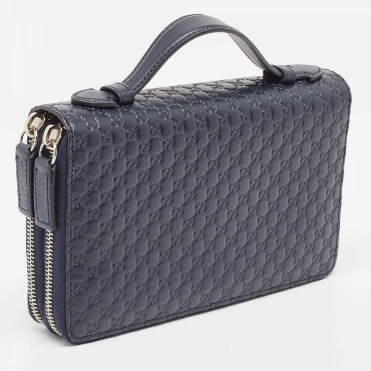 Pre Owned Gucci Navy Blue Microguccissima Leather Zip Around Travel Wallet