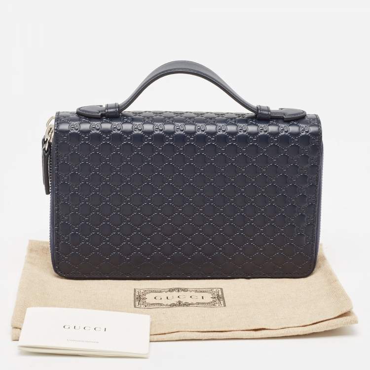 Pre Owned Gucci Navy Blue Microguccissima Leather Zip Around Travel Wallet