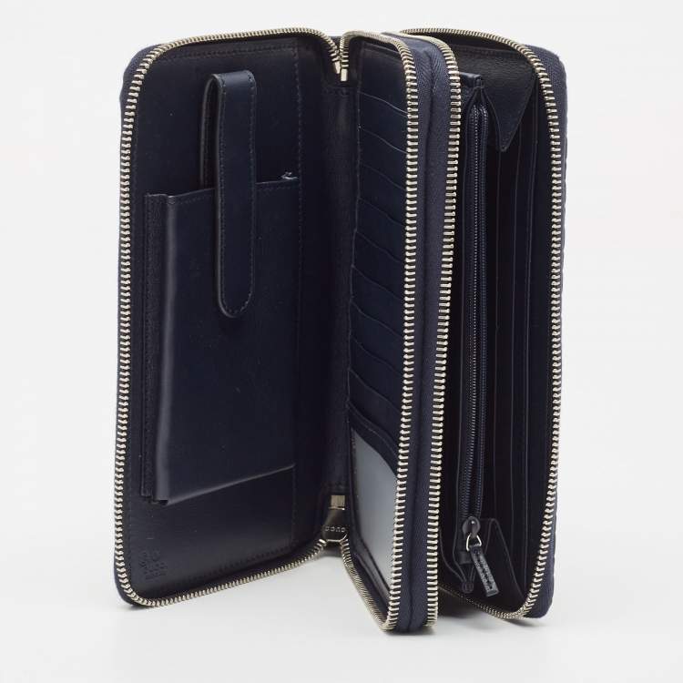 Pre Owned Gucci Navy Blue Microguccissima Leather Zip Around Travel Wallet