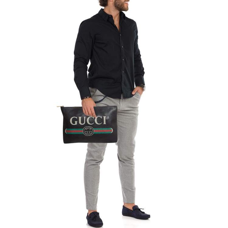 Pre Owned Gucci Black Logo Web Zip Pouch