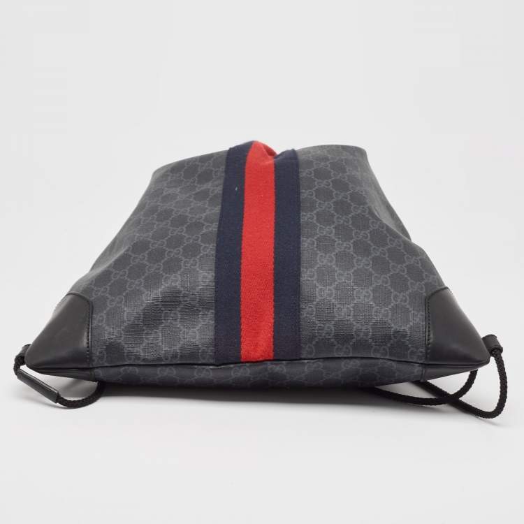 Pre Owned Gucci Black GG Supreme Canvas and Leather Drawstring Backpack