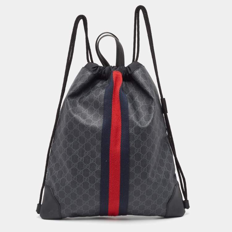 Gucci Black GG Supreme Canvas and Leather Drawstring Backpack Gucci The Luxury Closet