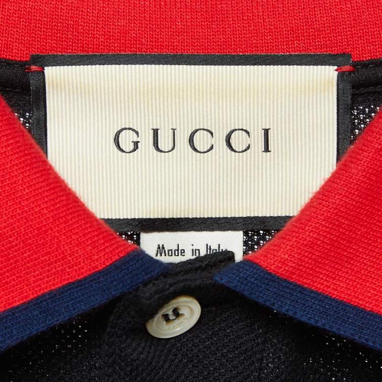Pre Owned Gucci Black Side Stripe Cotton Pique Long Sleeve Polo T-Shirt M